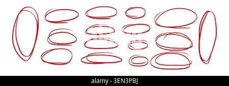 Crayon circle highlight, freehand ovals doodle. Chalk pencil ellipse frames, round shapes in sketch style. Hand drawn vector illustration isolated on white background Stock Vector