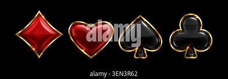 3D poker card suit icon set isolated on background. Vector realistic illustration of black and red spades, hearts, diamonds, clubs symbols in golden frames, luxury casino interface design elements Stock Vector