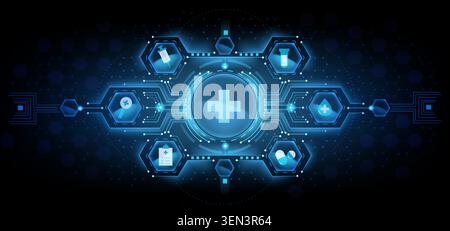 Medical technology background with neon blue hexagon pattern, glowing digital lines, laboratory icons, abstract vector network design. Pharmacy, healthcare innovations and scientific research concept Stock Vector