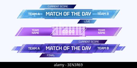 Professional scoreboard templates for soccer matches with team names, score display, and broadcast graphics, realistic vector banners isolated on background. Modern sports interface for live game Stock Vector