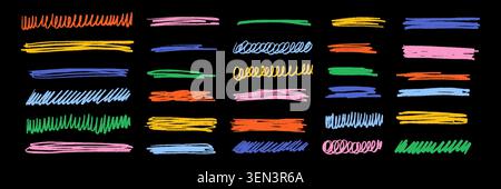 Set of chalk highlight and texture emphasis. Multicolor crayon scribbles and zigzags on a black background. Handwriting vector illustration Stock Vector