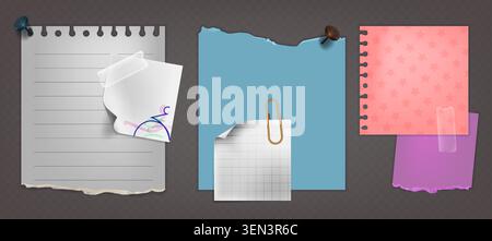 Realistic set of paper notes with torn edges isolated on background. Vector illustration of notebook pages with adhesive tape, pin and paperclip, office or school memo sheets, collage design elements Stock Vector
