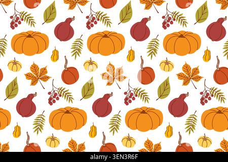 A rich autumn harvest-themed pattern featuring a large round pumpkin, rowan berries, chestnut, Hokkaido pumpkin, mini pumpkin Stock Vector