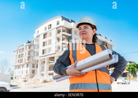 A young Hispanic woman wearing a hard hat and orange safety vest holds blueprints at a construction site with buildings in the background. Stock Photo