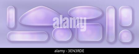 Transparent glass ui buttons with glossy liquid effect, 3d realistic vector box frames isolated on lilac background. Modern interface elements, bar shape with frosted texture, glass morphism design Stock Vector