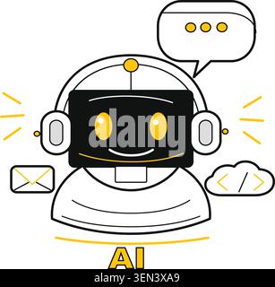 A friendly AI robot wearing headphones with communication and technology icons, representing digital assistance and innovation. Stock Vector