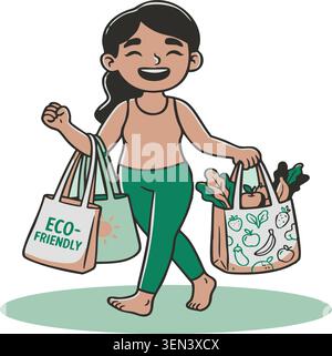 A happy woman carrying multiple eco-friendly reusable shopping bags filled with fresh produce, promoting sustainable living and environmental consciou Stock Vector