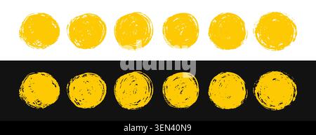 Abstract circle design with japanese suns. Pencil brushstroke and wax seal texture, on black and white backgrounds. Ink blots and grainy distress for Stock Vector