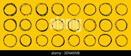 Brush sun rough. Set of black calligraphy marks with blobs, splashes, and distress texture on yellow background. Japanese abstract or grunge element Stock Vector