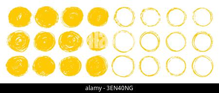 Yellow japanese sun vector set. Abstract squiggles, dirty brushstroke, and ink splatter. Rough texture and vibrant paint for vintage badge collection Stock Vector