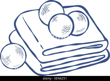 Wool Dryer Balls on Stacked Towels. Eco-Friendly Sustainable Laundry Care and Zero Waste Lifestyle Concept. Hand-Drawn Doodle. Vector Illustration Stock Vector