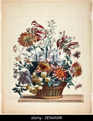 Basket of Flowers by Jean Baptiste Monnoyer, c. 1660–90, depicting an abundant arrangement of tulips, carnations, and other blooms in a woven basket on a stone ledge Stock Photo