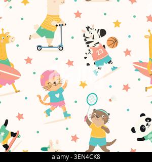 Cute Animal Sports Seamless Pattern, Vector Illustration. Cartoon Animal Pattern with Playful Animal Characters Playing Sports for Kids Fabric Stock Vector