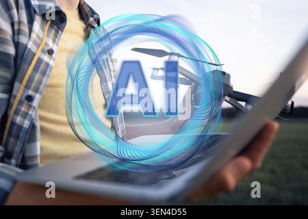 Farmer uses Artificial Intelligence for data analysing. Smart farming concept. Stock Photo