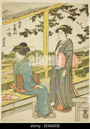 Teahouse overlooking rice fields, from the series Ten Precincts of Kinryuzan Temple in Asakusa by Torii Kiyonaga, c. 1783, depicting two women in elegant kimono conversing on a wooden platform with rural landscape beyond Stock Photo