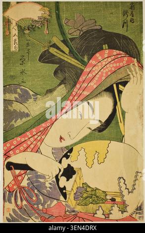 The Courtesan Takigawa of the Ogiya, from the series Beauties of the Five Festivals by Ichirakutei Eisui, c. 1795–1800, depicting a woman in elaborate red patterned headwear arranging flowers in a golden vessel Stock Photo