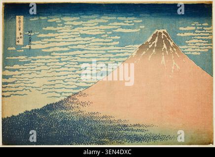 A Mild Breeze on a Fine Day by Katsushika Hokusai, c. 1830, depicting Mount Fuji rising majestically above forested foothills beneath a streaked blue sky Stock Photo