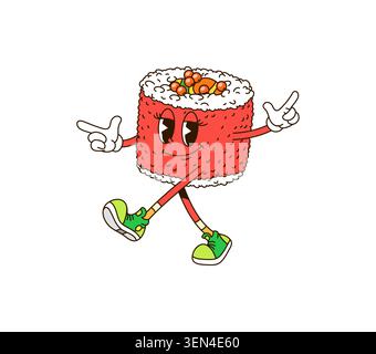 Groovy sushi character cartoon funny Japanese roll Stock Vector