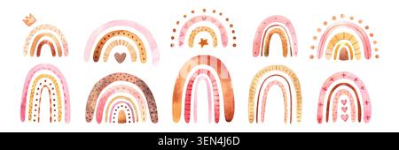 Watercolor boho set with rainbows, abstract shapes and soft pastel palette. Vector illustration for cards, prints, posters and digital design. Modern trendy aesthetic, hand drawn style elements. Stock Vector