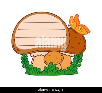 Kids memo note frame, forest mushrooms, butterfly Stock Vector