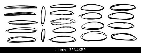 Crayon outline ovals or ellipses set. Pencil hand drawn emphasis elements, freehand line art black frames. Doodle style chalk sketches, round shapes on white background. Vector illustration Stock Vector