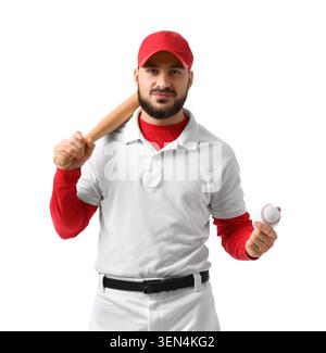 Confident baseball player in red cap and white uniform holding bat and ball, isolated studio shot Stock Photo