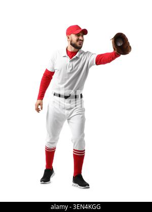 Smiling baseball player in white uniform and red cap catching ball with glove, isolated on white background Stock Photo