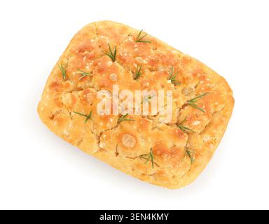 Golden focaccia bread with fresh rosemary and sea salt, traditional italian bakery delicacy, isolated on white background Stock Photo