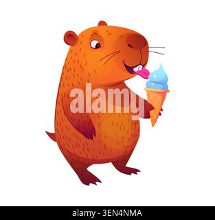 Cartoon funny capybara character with ice cream Stock Vector
