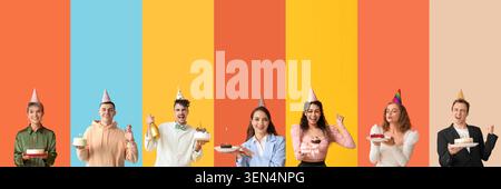 Diverse group of people celebrating birthdays with cakes and party hats on colorful backgrounds, the individuals are positioned against a vibrant, seg Stock Photo
