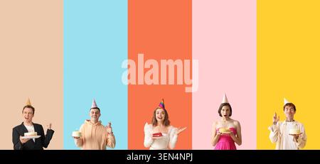 Diverse group of happy people celebrating birthdays with cakes and party hats on colorful backgrounds, the individuals are positioned against a vibran Stock Photo