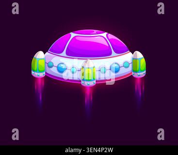Cartoon UFO spaceship with glowing neon lights Stock Vector