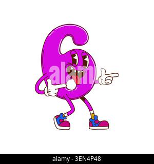 Math number six groovy cartoon character Stock Vector
