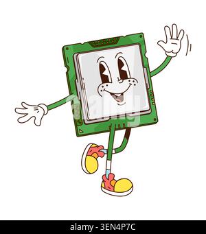 Cartoon groovy computer chip processor character Stock Vector