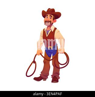 Cowboy with lasso, Wild West cartoon character Stock Vector