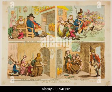 John Bulls Progress by James Gillray, published June 3, 1793, depicting a rotund man in various domestic and public scenes engaging in eating, military preparation, family activities, and social interaction Stock Photo