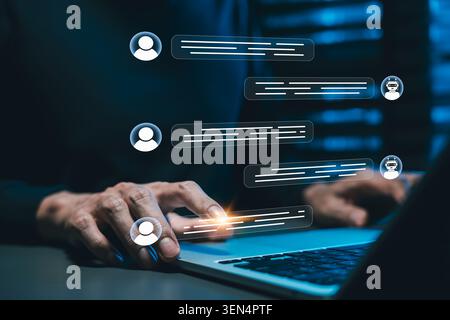 AI chatbot conversation and customer support automation concept. virtual assistant messages, user chat bubbles, online help desk, instant response, Stock Photo