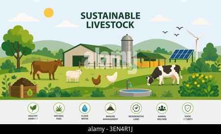 Sustainable livestock farming concept. Vector illustration with cow, sheep, chicken, barn, solar panel, wind turbine, compost and icons of healthy ani Stock Vector