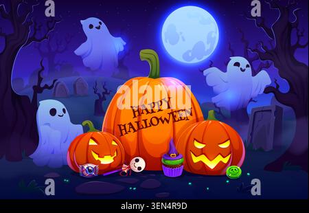Halloween graveyard cemetery, funny white ghosts Stock Vector