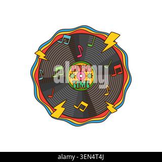 Cartoon groovy music vinyl record with notes Stock Vector