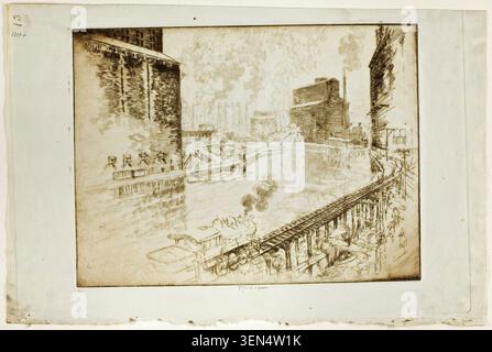 The Grain Elevators, Chicago by Joseph Pennell, 1910, depicting industrial structures and railway infrastructure in an urban landscape Stock Photo