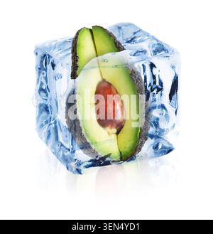 Fresh avocado in ice cube isolated on white Stock Photo