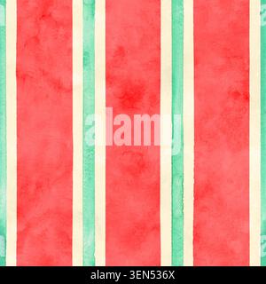 Hand-painted watercolor stripe pattern inspired by watermelon colors. Fresh summer palette with pink, green and cream tones in a seamless repeat for f Stock Photo