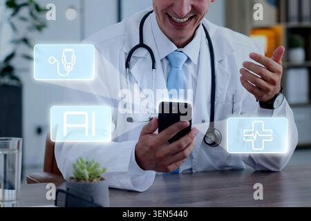 Artificial intelligence in medicine. Doctor using mobile phone, closeup. Medical icons Stock Photo