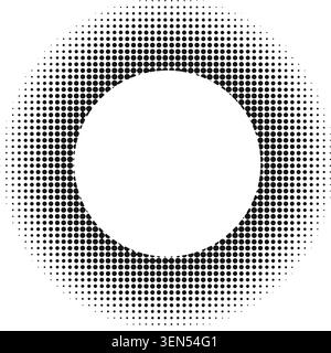 Round frame with polka dot texture and gradient effect. Circle shape with mosaic, noise or grain border isolated on white background. Circular decorative design element. Vector graphic illustration. Stock Vector