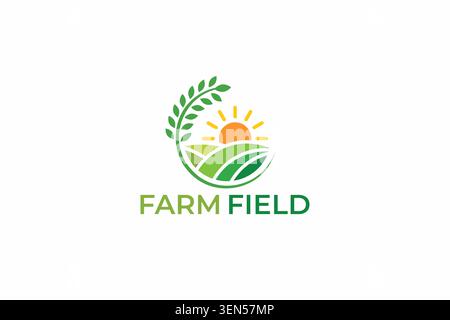 Modern Farm Field Agriculture Wheat Plant Logo Design with Sunrise Circle Vector Template Stock Vector