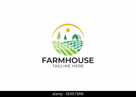 Modern Farmhouse Barn Landscape Agriculture Field Nature Logo Design with Circle Vector Template Stock Vector