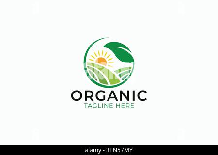 Modern Organic Farm Agricultural Logo Design with Green Leaf Sun Circle Vector Template Stock Vector