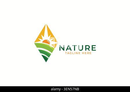Modern Nature Farm Sunrise Logo Design with Diamond Shape Agriculture Field Vector Template Stock Vector