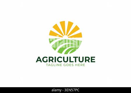Modern Green Agriculture Terrace Farming Logo Design with Rising Sun Circle Vector Template Stock Vector